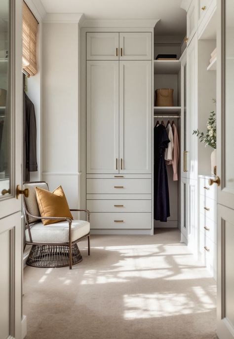 Walk in Closet Ideas Master Closet With Doors, Master Walkthrough Closet To Bathroom, Narrow Walk In Closet Behind Bed, Low Ceiling Walk In Closet, Closet Leading To Bathroom, Walk In Closet Wall Color, Closet Extension Ideas, Closet Remodel Walk In, Custom Built In Closet