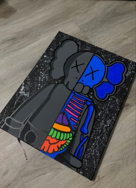 Easy Canvas Art Cartoon, Men Canvas Painting Ideas, Sketchbook Art Inspiration Graffiti, Kaws Bape Painting, Kaw Paintings On Canvas, Painting Ideas On Canvas Big Size, Half And Half Painting Ideas, Hypebeast Painting Ideas, 2023 Canvas Painting