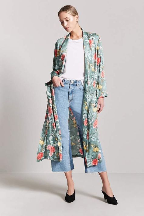 Forever 21 Satin Floral & Bird Longline Cardigan Cardigan Outfit Hijab, Satin Cardigan, Longline Cardigan, Cardigan Outfits, Outfit Hijab, Women's Coats And Jackets, Cardigan Women, Bird Print, The Authority