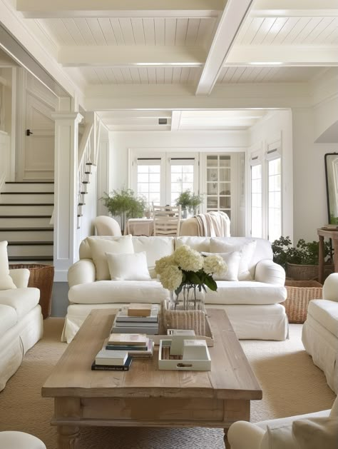 13 White Interior Spaces that Invite You to Stay Awhile | Ruff Details Blog White Walls Traditional Home, Great Room Large Windows, Coastal Grandma Living Room Ideas, Coastal Grandma Living Room, Nancy Meyers Interiors, Nancy Meyers Home, Southern Living Rooms, Salons Cottage, Hampton Interior