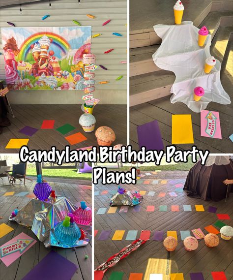 Candyland Birthday party plans Winter Candy Land Birthday Party Ideas, Candyland Birthday Activities, Candyland Life Size Game, Life Sized Candy Land Game, Candyland Theme Birthday Party, Candyland Theme Party Decorations Diy, Candyland Birthday Party Games, Candy Land Birthday Party Ideas Diy, Candyland Party Games