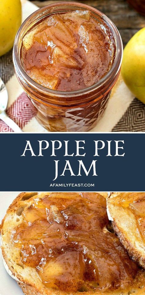 This Apple Pie Jam is incredible! All of the delicious flavors of freshly baked apple pie in a luscious, spreadable jam. Apple Pie Jelly, Jam Pie, Family Feast Recipes, Apple Pie Jam, Canning Jam Recipes, Jam Recipes Homemade, Canning Jam, Apple Jam, Homemade Jelly