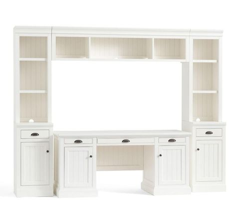 Aubrey Small Home Office Suite with Bridge | Pottery Barn CA Bedroom Niche, Studio In Casa, Desk With Bookcase, Beadboard Paneling, Create Room, Office Suite, Small Room Design, Library Ideas, Gaming Desk