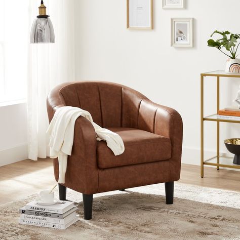 Trent Austin Design® Gimenez 26.4'' Wide Armchair & Reviews | Wayfair.ca Leather Barrel Chair, Tufted Arm Chair, Modern Transitional, Upholstered Arm Chair, Barrel Chair, Leather Armchair, Small Space Living, Transitional Design, Small Living