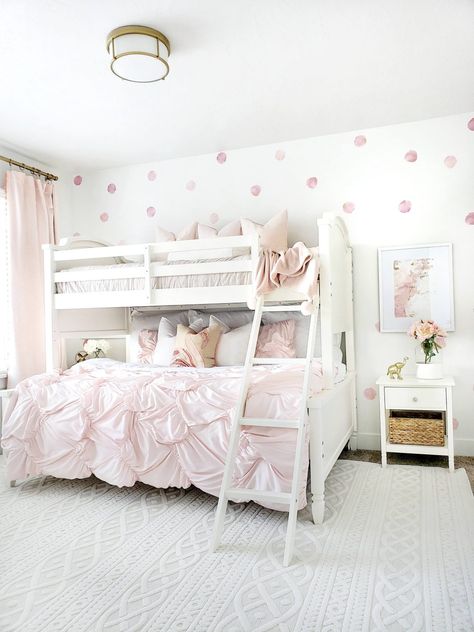 #whitealanedecor #ad #dorelliving @whitelanedecor Dorel Living @dorelliving Charlie Twin over Full Bunk Bed available on Costco.com @costco.  Vivienne Nightstands by Dorel Living available on Amazon.com @Amazon. White Twin Over Full Bunk Bed, Girls Bedroom Pink Bed, Full And Twin Bunk Bed, Full And Twin Bunk Bed Ideas, Bunk Bed Full And Twin, White Bunk Beds For Girls Room, Sister Bunk Beds Bedroom Ideas, Girls Bedroom Ideas With Bunk Beds, Girl Bunk Bed Ideas