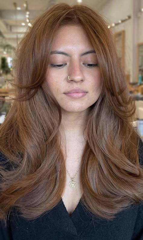 Darker Cowboy Copper Hair, Brunette Turned Redhead, Light Auburn Brown Hair Color, Copper Hair Without Bleach, Brown Copper Balayage Caramel, Copper Glaze Hair, Old Money Auburn Hair, Fall Hair Pale Skin, Brown Hair Shag Haircut