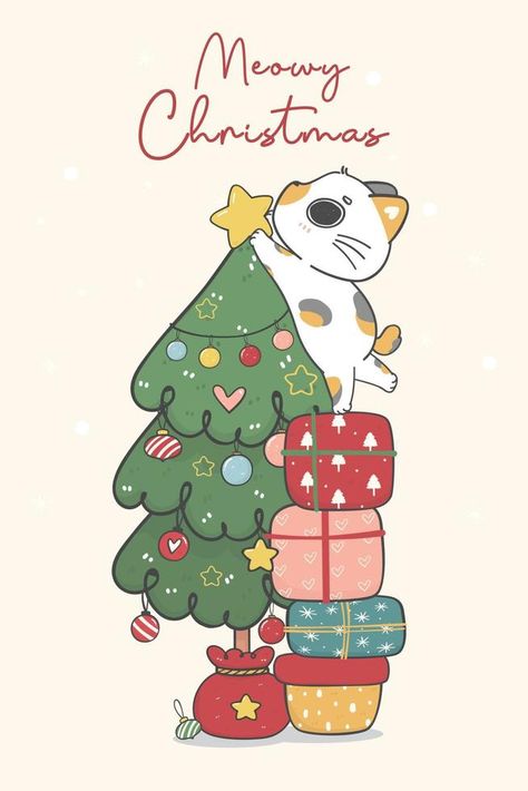 cute naughty calico kitten cat decorating a Christmas pine tree, merry catmas, cartoon animal character hand drawing doodle vector idea for greeting card Merry Christmas Cute Drawing, Cat Christmas Card Ideas, Christmas Cartoon Drawings, Christmas Cat Drawing, Cat Christmas Decor, Merry Christmas Drawing, Cartoon Cards, Christmas Cards Drawing, Cat Christmas Cards