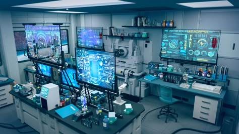 Sci Fi Science Lab, Scifi Medical Bay, Sci Fi Office Concept Art, Sci Fi Med Bay, Futuristic Science Lab Aesthetic, Robotics Lab Aesthetic, Sci Fi Lab Aesthetic, Sci-fi Lab, Sci Fi Tech Aesthetic