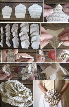 Book Page Flowers, Paper Rose Template, Make Paper Flowers, Fleurs Diy, Diy Burlap, Paper Bouquet, Newspaper Crafts, Paper Flower Template, 3d Origami