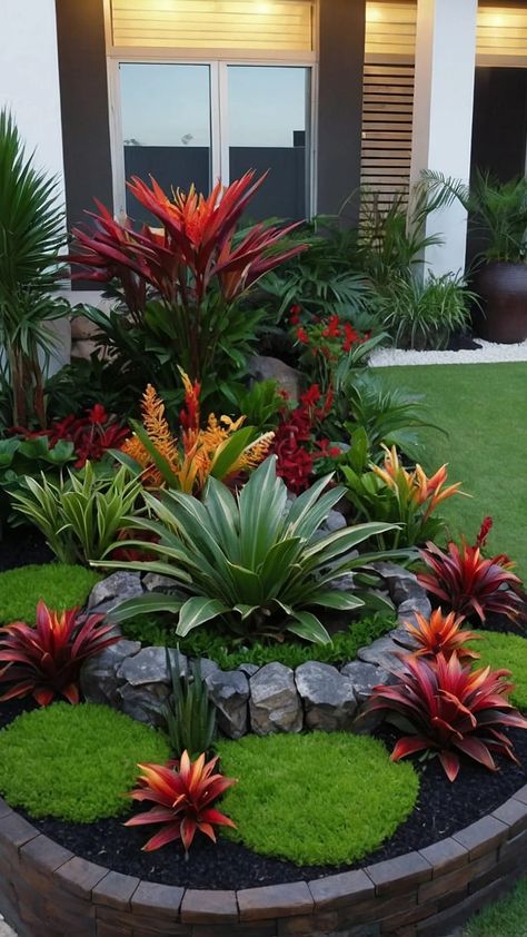 Tropical Oasis: 15 Landscaping Ideas for Small Spaces - pulsepathlife.com Beautiful Small Gardens Ideas, Front Garden Landscape Design, Modern Back Garden Design, Beautiful Flower Garden Ideas, Australian Garden Inspiration, Tropical Landscaping Front Yard Florida Garden Ideas, Hawaiian Landscaping Ideas, Backyard Ideas Florida, Backyard Plant Ideas