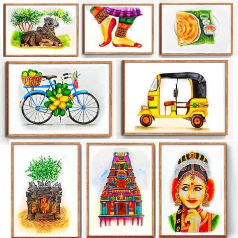 Tamil Art Culture, Chennai Art, Tamil Home, Indian Posters, Namaste Art, Indian Wall Decor, Indian Wall Art, Lotus Flower Art, Indian Illustration