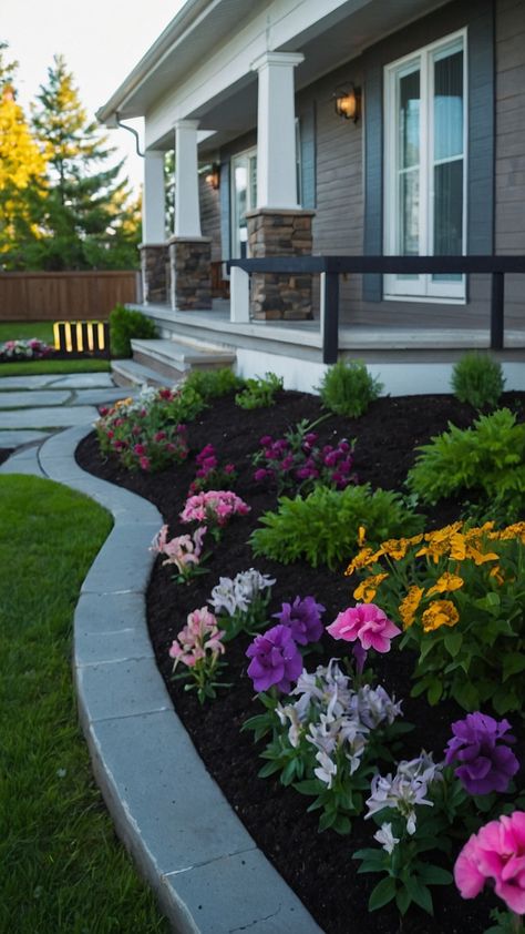 Discover charming flower bed ideas for the front of your house including raised rock garden designs low maintenance DIY stone creations and full sun rock gardens Explore easy perennial rustic and white rock landscaping for a beautiful fall display Upgrade your outdoor space with these creative and stunning Pinterest-worthy landscaping designs Raised Ranch Front Yard Landscaping, Black Lava Rock Landscaping Front Yards, White Rock Landscaping, Ranch Front Yard Landscaping, Front Yard Flower Garden, Rockery Garden, Easy Perennials, Raised Ranch, Rock Garden Design