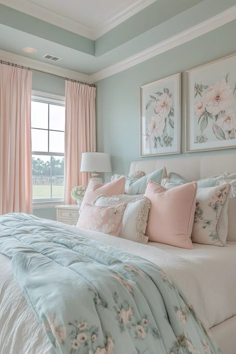 Soft Pastel Haven Colourful Interior Design Bedroom, Cute Bedroom Paint Colors, Aqua And Blush Bedroom, Powder Blue Room Bedrooms, Cream And Mint Bedroom, Monochromatic Room Ideas, Pastel Colors For Room, Soft Color Room Ideas, Master Bedrooms Decor Feminine