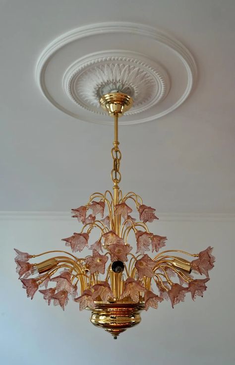 For Sale on 1stDibs - Elegant Italian brass and pink Murano glass chandelier. The light requires 12 single E14 screw fit lightbulbs (40 Watt max.) LED compatible. Measures: Celling Lamp Aesthetic, Pink Flower Chandelier, Bedroom Light Chandeliers, Small Chandelier Bedroom Girly, Italian Chandelier Vintage, Glass Flower Pendant Light, Antique Flower Lamp, Cute Chandelier For Bedroom, Aesthetic Ceiling Light