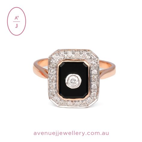 Have you got an Annivesary or special occasion coming up, Spoil that special someone with our Art Deco style 9ct Rose Gold rectangular Onyx & Diamond Halo Ring. #avenuejjewellery #modernjewellery #antiquejewellery #onyxdiamondring #onyxjewellery #onyxdiamondhaloring #themooloolabaesplanade J Jewellery, Modern Jewellery, Mabe Pearl, Diamond Halo Ring, Antique Modern, Gold Art Deco, Halo Diamond Ring, Pearl Gemstone, Onyx Ring