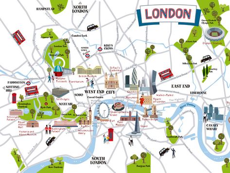 London Map by Jesús Sanz London Tourist Map, City Maps Illustration, London City Map, London Sightseeing, London Illustration, Map Of London, London With Kids, Hampstead London, Camden London