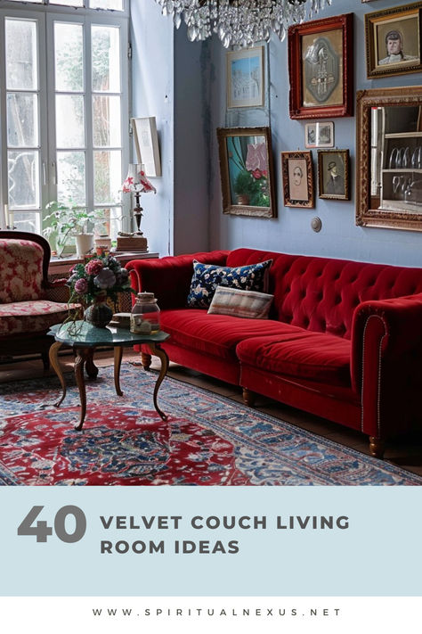 Get lost in these 40 dreamy velvet couch living room ideas. Perfect for creating a serene and stylish space. #DreamyLivingRoom #VelvetCouch #InteriorIdeas Red Velvet Sofa Living Room Ideas, Red And Green Living Room Ideas, Red Sofa Living Room Color Schemes, Red Couch Living Room Ideas, Velvet Couch Living Room Ideas, Velvet Sofa Living Room Ideas, Red Couch Decor, Red Velvet Couch, Ottawa House