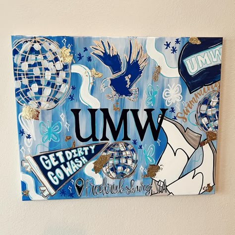 Custom UMW college painting! Message me for these customs to get them on time. 💙🦋 #college #canvas #custompaint #custompainting #smallbusiness #umw #collegeswimming #swim Custom College Painting, College Wall Art Diy, Cute College Paintings, College Collage Painting, Graduation Painting Ideas Canvases, Paintings For Dorm, Sorority Painting Ideas, Dorm Paintings Canvas, College Dorm Paintings