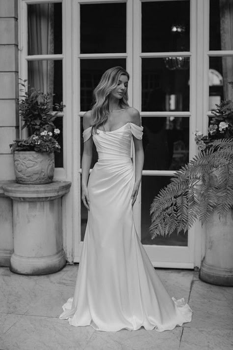 Elegant Wedding Dress With Short Sleeves, Wedding Dresses Shoulder Cover, Low Back Wedding Dress Flowy, Ivory Wedding Dress Simple, Strapless Off The Shoulder Wedding Dress, Full Cover Wedding Dress, Fitted Sleeve Wedding Dress, V Line Wedding Dress Neckline, Clean Classy Wedding Dress