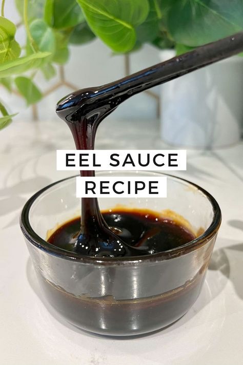 A close-up of a pair of chopsticks scooping up thick eel sauce from a glass bowl filled with more of the glossy eel sauce Homemade Eel Sauce, Eel Sauce Recipe, Eel Sushi, Eel Sauce, Homemade Sushi Rolls, Sushi Rice Recipes, Unagi Sauce, Sushi Sauce, Sticky Sauce