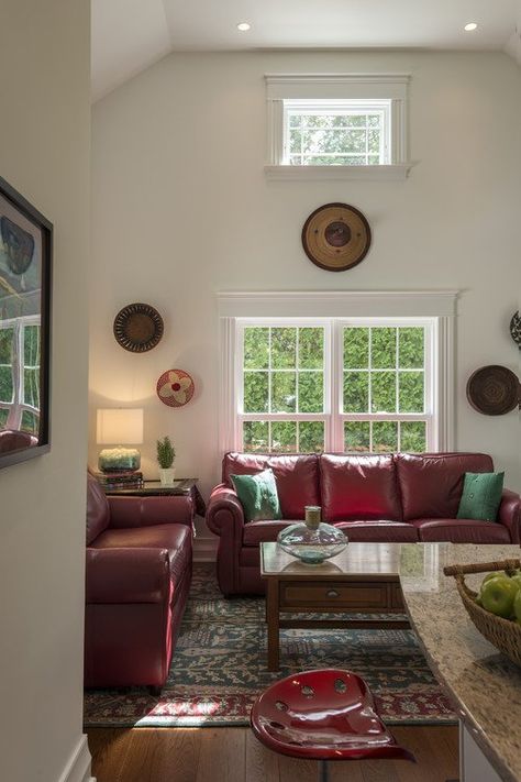 Warm and Cozy White Living Room with Red Leather Furniture Red Leather Couch Living Room, Red Leather Couch, Red Couches, Red Leather Couches, Red Leather Sofa, Big Porch, White Furniture Living Room, Red Couch, A Small House