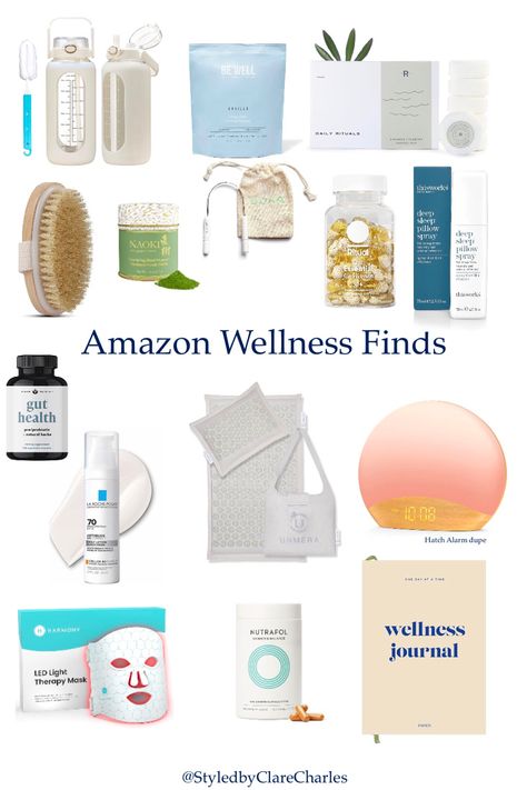 Wellness products from Amazon with supplements, sunrise alarm, red light therapy, matcha,spf Amazon Health Products, Amazon Wellness Finds, Amazon Clean Girl Finds, Amazon Health Must Haves, Wellness Must Haves, Wellness Girly Aesthetic, Wellness Influencer Aesthetic, Biohacking For Women, That Girl Amazon Finds