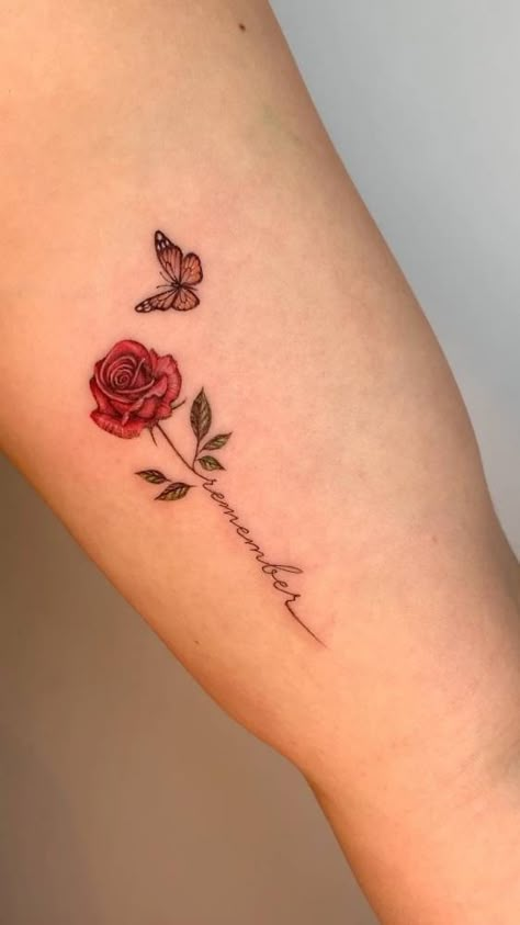 A red rose in memory of her beloved grandmother. Tattoos Memorial, Loving Memory Tattoos, Rose Tattoo With Name, Single Rose Tattoos, Memory Tattoos, In Loving Memory Tattoos, Rip Tattoo, Tato Minimal, Simple Tattoos For Women