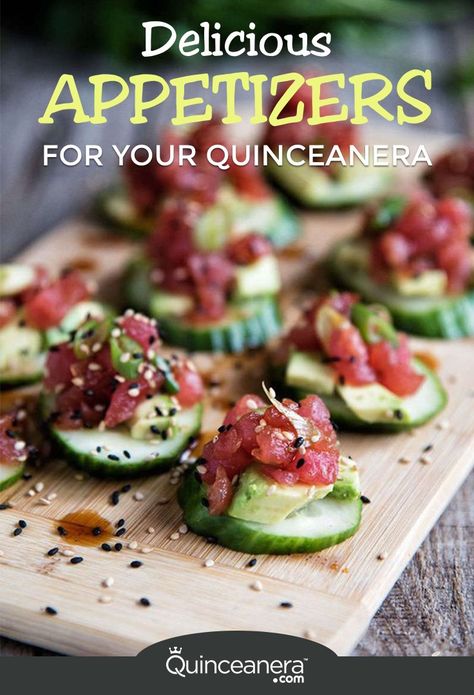 With the help of family and friends you can prepare delicious appetizers for your Quince and healthy appetizers to serve, follow these next healthy choices: - See more at: http://www.quinceanera.com/quinceanera-menus/delicious-appetizers-quince/#sthash.JhzY9R3S.dpuf Sushi Bites, Spicy Tuna Sushi, Cucumber Sushi, Stick Food, Avocado Cucumber, Fancy Appetizers, Cucumber Bites, Mini Appetizers, Elegant Appetizers