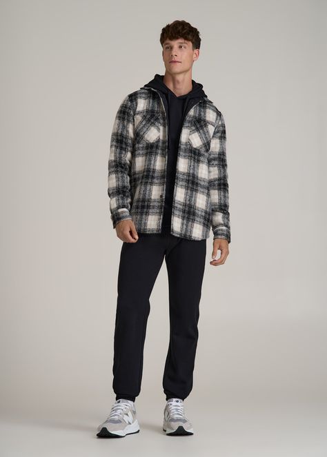 A Flannel Overshirt Built for the Tall Outdoorsman Flannel That Fits Your Tall Frame Embrace the outdoors in style with our Heavyweight Brushed Flannel Overshirt. Designed for the tall guy who loves a bit of adventure, this shirt for tall men combines warmth with functional fashion. The heavyweight flannel is pre-washed to prevent shrinkage and ensure a consistent fit, making this men's tall shirt the ideal layer for cooler days. Double chest patch pockets and a banded collar add to its rugged a Men Flannel Outfits, Shirt Outfit Men, Classy Outfits Men, Flannel Outfits, Tall Men, Functional Fashion, Flannel Jacket, Mens Flannel, Sports Blazer