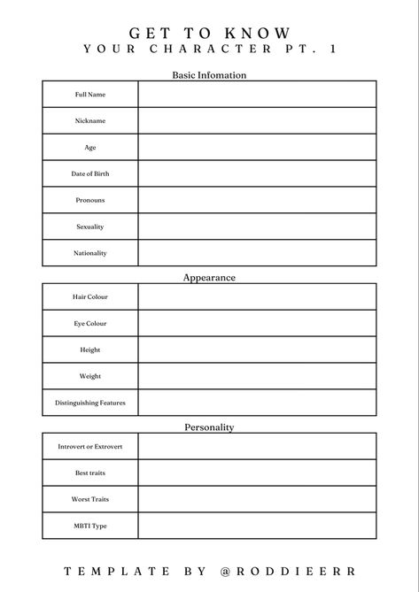 I made these sheets to help you get to know your character, whether you're writing a book or just creating an OC! You can find pt. 2 on my profile :) How To Plan Book Characters, Book Character Sheet, Character Template Writing Novels, How To Write A Book Template, Book Character Profile, Writing Planning Template, Character Profile Template Aesthetic, Oc Character Profile Template, Book Character Planning Sheet