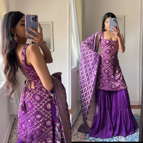 Desi Party Wear Dresses, Dark Purple Sharara Suit, Square Neck Sharara Suit, Backless Sharara Designs, Sharara Suit Back Neck Design, Square Neck Punjabi Suit, Purple Traditional Dress Indian, Desi Neck Designs, Sharara Neck Designs