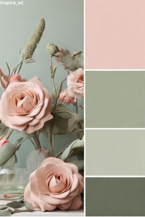 Green Pink Paint Palette, Sage And Pink Palette, Sage And Pink Interior, Sage Color Room Ideas, Green And Blush Pink Living Room, Paint For Walls Colors, Colours That Compliment Sage Green, Sage Green And Blush Pink Color Palette, Dusty Pink And Green Nursery