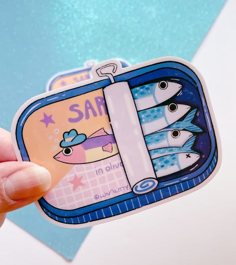 Sardine Tin Vinyl Sticker, Cute Sardines Sticker, Vinyl Sardine fish sticker Cute Sticker Design Inspiration, Make My Own Stickers, Sticker Package Design, Thank You Sticker Design, Product Photography Stickers, Stickers On Everything, Sardine Illustration, Cute Japanese Stickers, Round Sticker Design