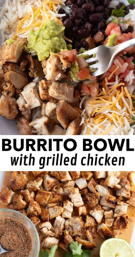 These grilled chicken burrito bowls are perfect for a hassle-free weeknight dinner. Marinated in a simple blend of spices, lime, and oil, the chicken comes out juicy and bursting with flavor. Simply marinate, grill, and assemble with rice, beans, and your favorite toppings. If you have leftover grilled chicken, this recipe is even easier. Either way, it's a satisfying meal that the whole family will love. While it's written for four people, this recipe can easily be adjusted to feed more. Leftover Grilled Chicken, Chicken Burrito Bowls, Bowls Recipes, Healthy Bowls Recipes, Chicken Burrito, Rice Bowls Recipes, Healthy High Protein Meals, Rice And Beans, Burrito Bowls