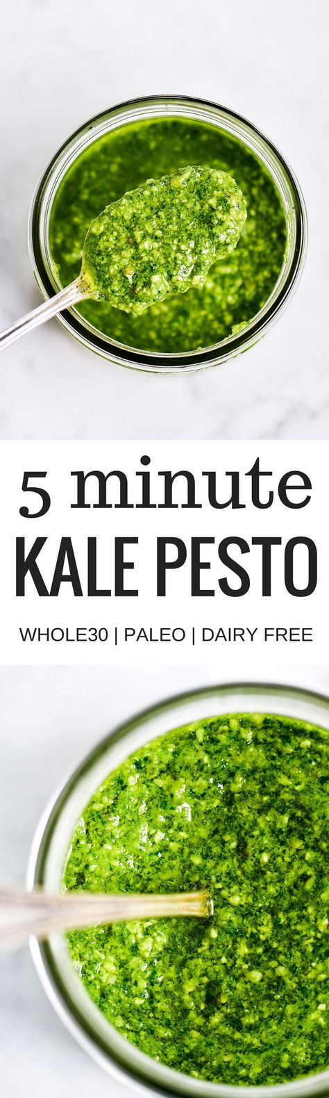 5 Minute Vegan Kale Pesto - made with pine nuts, olive oil, kale, parsley, garlic, salt, and lemon juice. So easy and extremely versatile for pizzas, salads, pasta, and breads! Less than 99 calories per serving. Easy whole30 pesto. paleo pesto recipe. Dairy free pesto. Best dairy free pesto recipe. Best whole30 pesto recipe. Paleo Pesto Recipe, Whole30 Pesto, Paleo Pesto, Dairy Free Pesto, Salad Kale, Kale Pesto, Kale Recipes, Olive Oils, Pesto Recipe