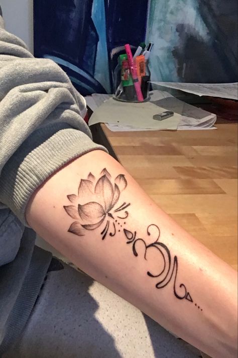 Breathe Tattoos With Lotus, Lotus Breathe Tattoo Design, Lotus Flower Breathe Tattoo, Lotus And Breathe Symbol Tattoo, Lotus And Breathe Tattoo, Mandala Lotus Tattoo Design Women, Lotus Flower Design Tattoo, Sanskrit Symbol Tattoo, Breathe Tattoos With Flowers