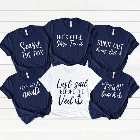 Set sail for the ultimate bachelorette adventure with our Nautical Theme Bride Squad shirts! Perfect for the bride-to-be who's ready to embark on a journey into married life, these tees are a stylish and sea-worthy addition to your nautical-themed celebration. Whether you're the 'Last Sail Before the Veil' or embracing your inner sailor as the 'Nauti Bride,' these tees are the perfect blend of seaside chic and bridal flair. Shirts are machine wash only, avoid the dryer and direct heat. *IF YOU PURCHASE 5 OR MORE SHIRTS USE SHIPPING CODE 'BACH5' FOR FREE SHIPPING --------------------------------------------------------------------------------------------------------------- Thank you for visiting my shop! If you have any questions, please send me a message. ♡ We love seeing photos of you wea Last Sail Before The Veil Bachelorette Shirts, Cruise Bachelorette Shirts, Last Sail Before The Vail Bachelorette, Bachelorette Cruise Themes, Last Sail Before The Veil Bachelorette, Sailor Bachelorette Party, Yacht Bachelorette Party, Nautical Theme Bachelorette Party, Nautical Bachelorette Party Shirts