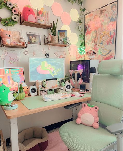 Kawaii Gaming Setup, Pink Gaming Setup, Games Room Inspiration, Home Office White, Desk For Home Office, Gaming Desk Setup, Cozy Desk, Pink Games, Gamer Setup