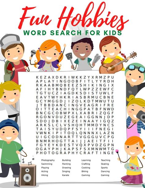 Swimming, biking, crafting, acting, painting. What hobbies do your children enjoy?  There are so many fun different hobbies that we can explore in our spare time and to help your family explore some new hobby ideas for kids, we’ve created this fun Fun Hobbies Word Search and Fun Hobbies Word Scramble for kids. If your kids are looking for some new activities or hobbies to enjoy have them explore some fun new ideas with this free hobbies word search and word scramble. New Hobby Ideas, Free Hobbies, Word Scramble For Kids, Kids Word Search, Fun Worksheets For Kids, Free Kids Coloring Pages, Hobbies For Kids, Hobby Ideas, Word Scramble