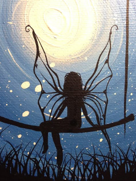 I wish I may - 9 x 12 acrylic on canvas, ready to hang, by Michael H.  Prosper | Swings and Acrylics Layers Painting Art, Easy Fairy Paintings For Beginners, Acrylic Fairy Painting, How To Draw A Fairy, Fairy On Moon, Fairy Painting, Night Fairy, Fairy Silhouette, Fairy Paintings