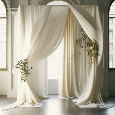 Ivory Wedding Arch Ceremony Backdrop, Chiffon Wedding Backdrop, Draped Alter Wedding, Elegant Backdrops For Wedding, Draped Greenery Wedding, Non Floral Wedding Backdrop, Backdrop Arch Wedding, Curtain Wedding Decor, Wedding Arch White Draping