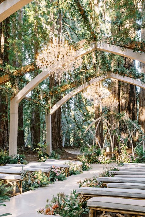 Looking for the ultimate enchanted forest wedding ceremony décor? Look no further than this wedding ceremony in California that took place in a redwood tree grove with a custom open-air chapel. See more details from this magical forest wedding at the link. Enchanted Forest Wedding Ceremony, Forest Wedding Decorations, Enchanted Forest Wedding Theme, Open Air Chapel, Forest Wedding Ceremony, Forest Wedding Venue, Bridal Stylist, Redwood Wedding, Forest Theme Wedding