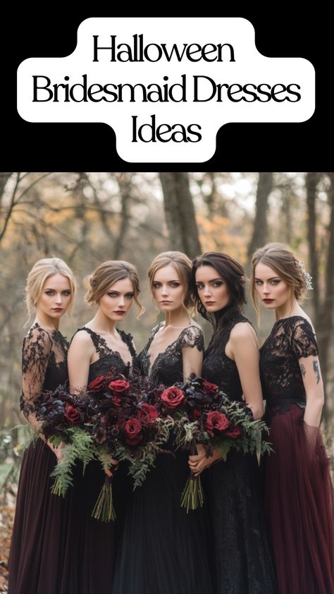 Bridesmaids wearing elegant Halloween dresses with dark hues and lace accents, perfect for a spooky yet stylish fall wedding. Fall Themed Bridesmaid Dresses, Dark Moody Bridesmaid Dresses, Halloween Wedding Bridesmaids, Goth Bridesmaid Dresses, Gothic Bridesmaid Dresses, Halloween Bridesmaid Dress, Autumn Bridesmaid Dresses, Alternative Bridesmaid Dresses, Gothic Bridesmaids