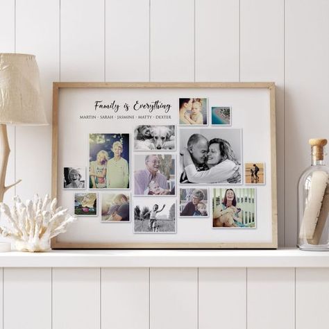 Personalised Family Is Everything Photo Collage Family Photoframe Idea, Family Wall Portrait Ideas, Frames For Family Photos, Photo Frame Ideas On Wall, Best Photo Frame Designs, Ideas For Photo Collage, Unique Collage Ideas, Family Frame Ideas, Wedding Photo Print Ideas