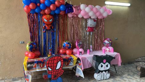 Spider Man And Hello Kitty Birthday Party, Spider Man And Hello Kitty Birthday, Spiderman And Hello Kitty Birthday Party, Hello Kitty And Spiderman Birthday, Kitty Y Spiderman, Hello Kitty Birthday Decorations, Spider Kitty, Teen Party Favors, Hello Kitty Birthday Invitations