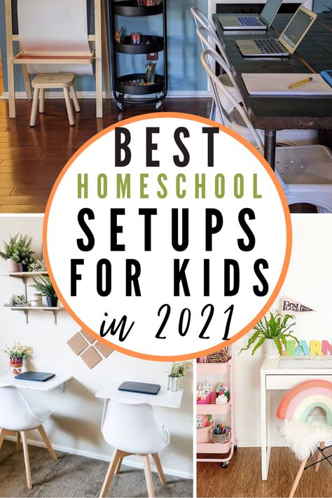 Homeschool tips for 2021. How to set up your kids home school area at home. Virtual learning spaces. Remote learning ideas. Virtual learning tips. #homeschooling #VirtualLearning School At Home Setup, Virtual Learning Home Set Up, Homeschooling Set Up, School Area At Home, At Home Classroom Setup, Home School Setup, Homeschool Desk Ideas Work Stations, Kids Learning Corner At Home, Homeschool Area Ideas