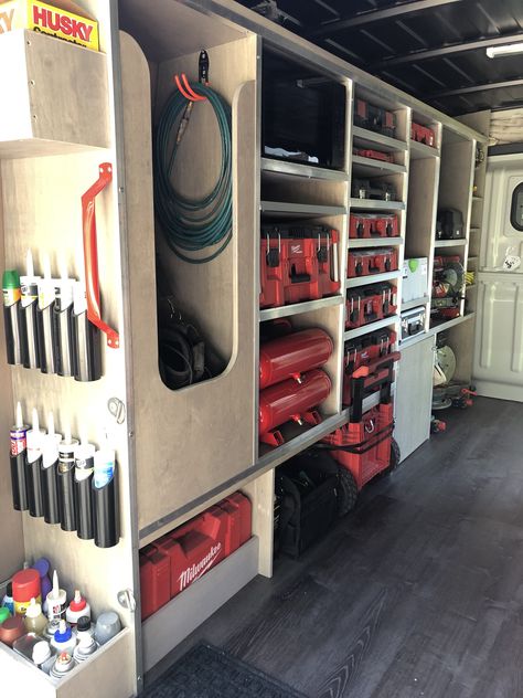 Sprinter Van Tool Storage Ideas, Van Storage Hacks, Van Racking Ideas Carpenter, Van Tool Storage Ideas, Work Trailer Organization, Tool Trailer Organization Ideas, Job Trailer Organization, Milwaukee Packout Ideas Van, Work Trailer Organization Ideas