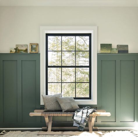 Entryway with white walls and green wainscoting, featuring a wooden bench in front of large window with black trim. Interior Paint Colors Benjamin Moore, Craftsman Interior Paint Colors, Craftsman Paint Colors, Painted Wainscoting, Green Accent Walls, Craftsman Interior, Green Paint Colors, Paint Colors Benjamin Moore, Zoella