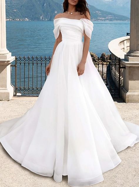 Whimsical Off The Shoulder Wedding Dress, Over The Shoulder Wedding Dress, Classy Wedding Dresses Elegant, Satin Aline Wedding Dress, Wedding Dress Simple Elegant, Convertible Wedding Dress, Budget Wedding Dress, Cap Sleeve Wedding Dress, Formal Wedding Dresses