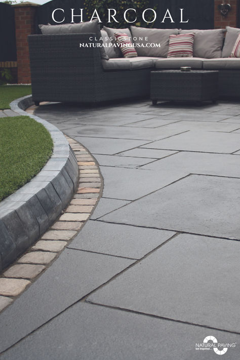 Stylish outdoor patio featuring Charcoal Classicstone pavers, showcasing a modern landscape design ideal for gatherings and relaxation. Farmhouse Outdoor Patio, Paver Stone Patio, Slate Pavers, Grey Pavers, Outdoor Pavers, Pavers Backyard, Paver Stones, Patio Pavers, Farmhouse Outdoor